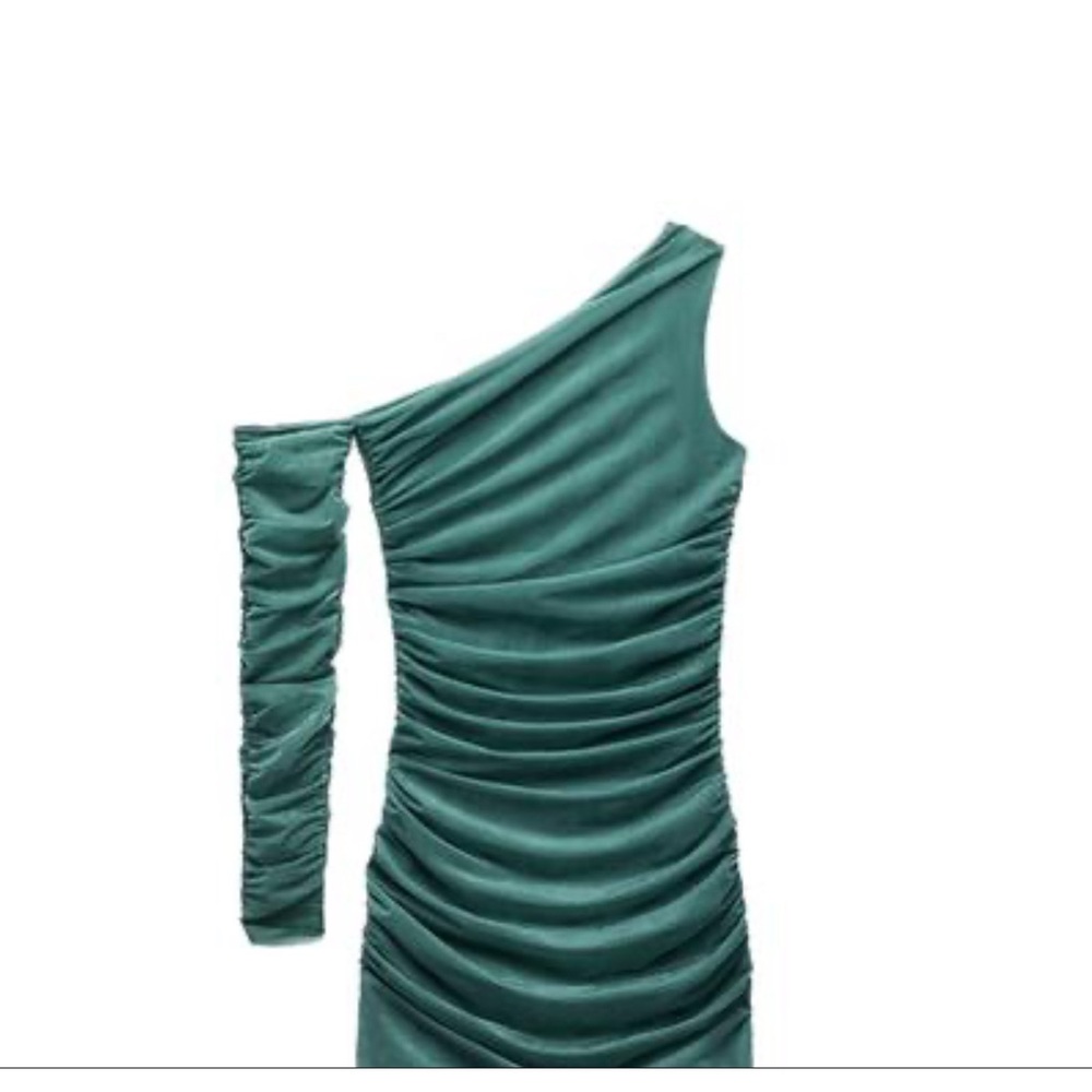 Zara Teal One-Shoulder Long Sleeve Dress
